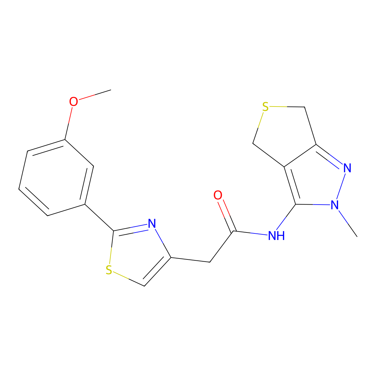 2-[2-(3-methoxyphenyl)-1,3-thiazol-4-yl]-N-(2-methyl-2,6-dihydro-4H-thieno[3,4-c]pyrazol-3-yl)acetamide molecular structure, CAS 1374547-08-6