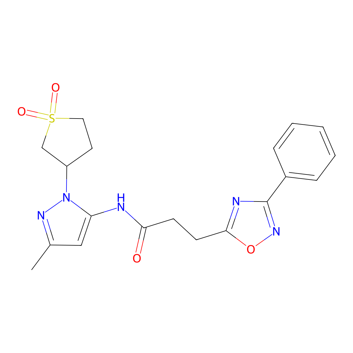 N-[1-(1,1-dioxidotetrahydrothiophen-3-yl)-3-methyl-1H-pyrazol-5-yl]-3-(3-phenyl-1,2,4-oxadiazol-5-yl)propanamide molecular structure, CAS 1374547-48-4