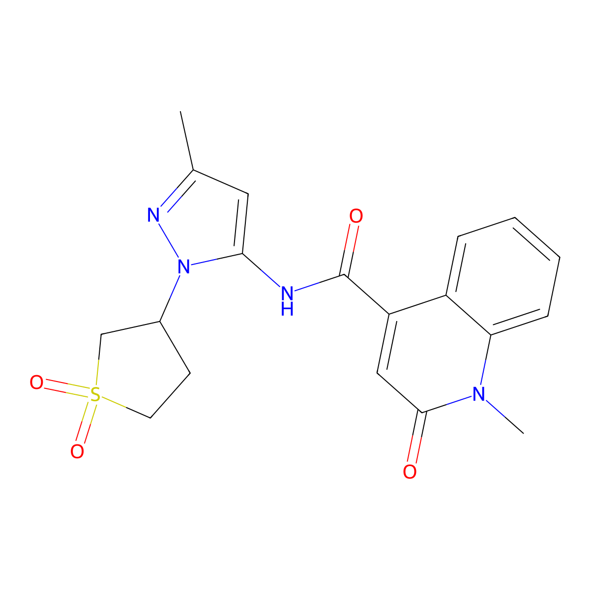 N-[1-(1,1-dioxidotetrahydrothiophen-3-yl)-3-methyl-1H-pyrazol-5-yl]-1-methyl-2-oxo-1,2-dihydroquinoline-4-carboxamide molecular structure, CAS 1374548-36-3