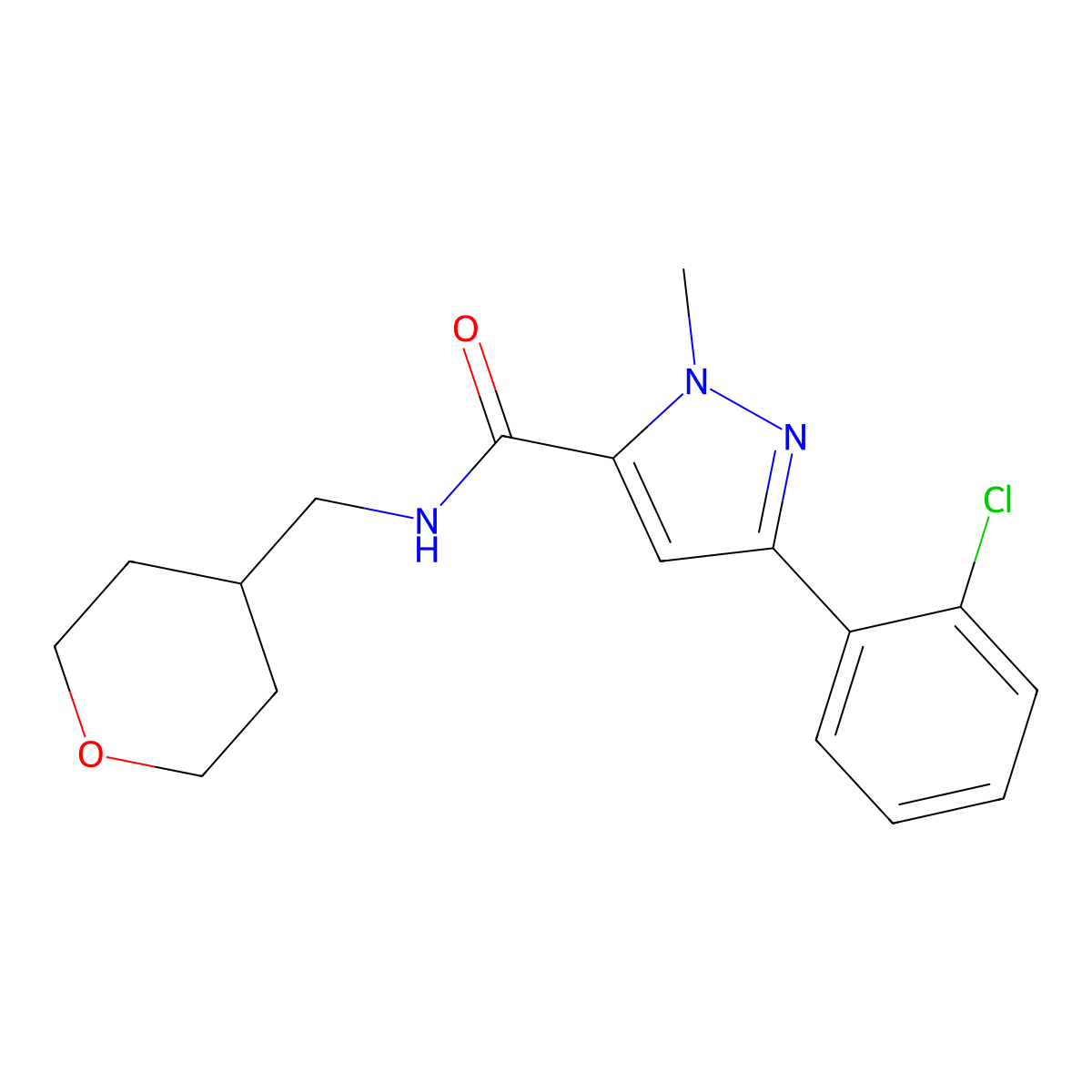 3-(2-chlorophenyl)-1-methyl-N-(tetrahydro-2H-pyran-4-ylmethyl)-1H-pyrazole-5-carboxamide molecular structure, CAS 1374549-07-1