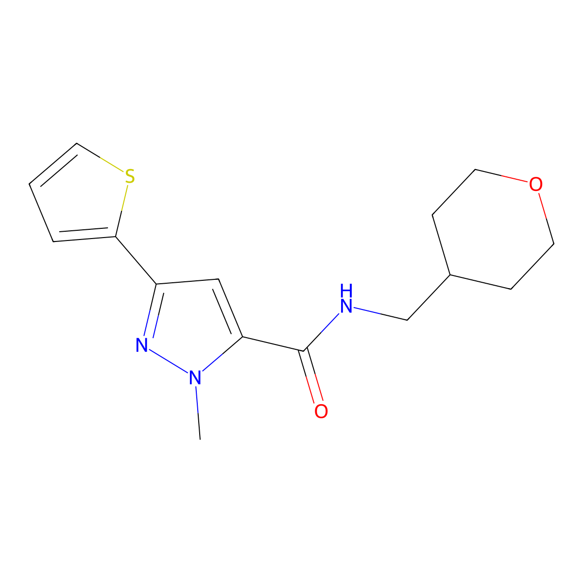 1-methyl-N-(tetrahydro-2H-pyran-4-ylmethyl)-3-(thiophen-2-yl)-1H-pyrazole-5-carboxamide molecular structure, CAS 1374549-41-3