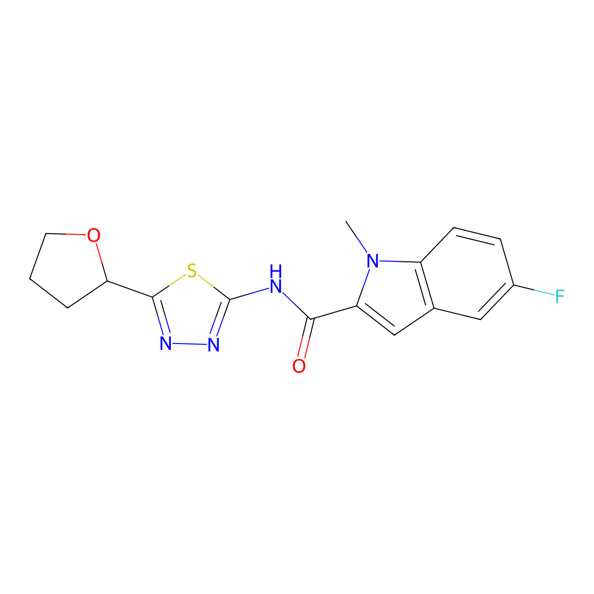 5-fluoro-1-methyl-N-[5-(tetrahydrofuran-2-yl)-1,3,4-thiadiazol-2-yl]-1H-indole-2-carboxamide molecular structure, CAS 1374549-74-2