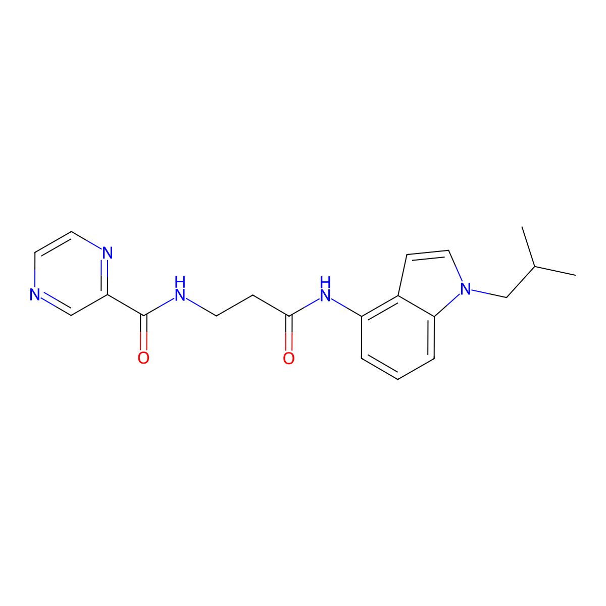 N-(3-{[1-(2-methylpropyl)-1H-indol-4-yl]amino}-3-oxopropyl)pyrazine-2-carboxamide molecular structure, CAS 1374549-95-7