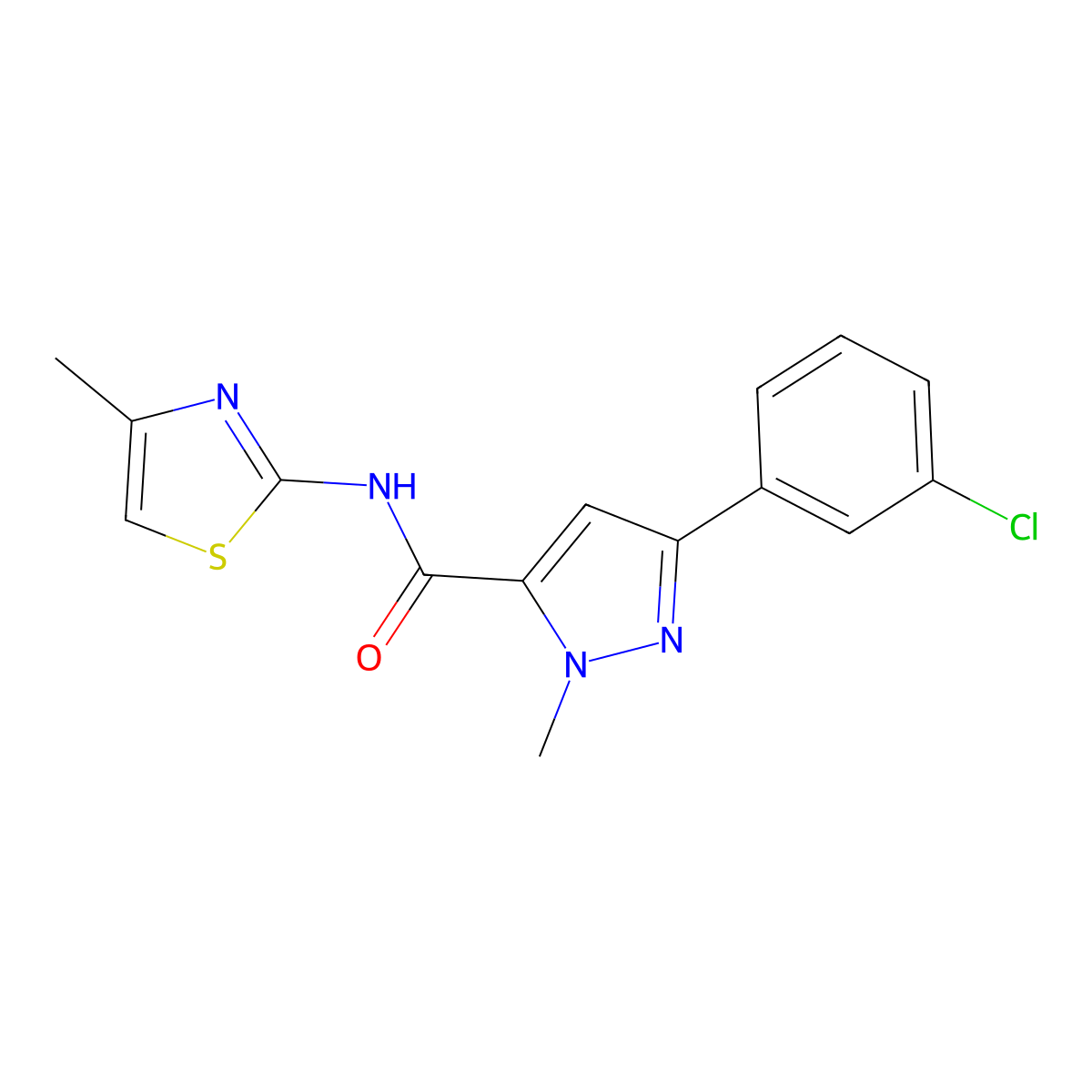 3-(3-chlorophenyl)-1-methyl-N-(4-methyl-1,3-thiazol-2-yl)-1H-pyrazole-5-carboxamide molecular structure, CAS 1374550-05-6