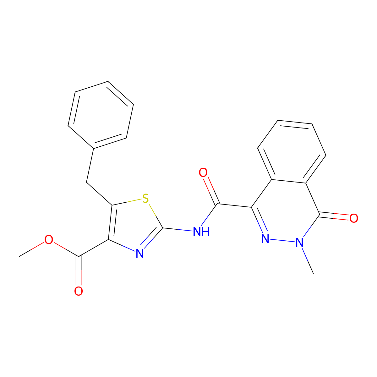 Methyl 5-benzyl-2-{[(3-methyl-4-oxo-3,4-dihydrophthalazin-1-yl)carbonyl]amino}-1,3-thiazole-4-carboxylate molecular structure, CAS 1374550-36-3