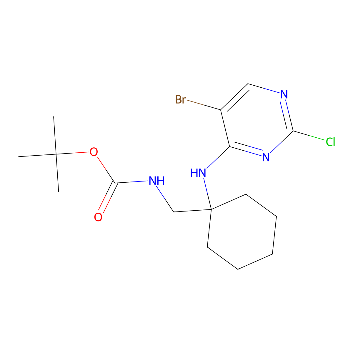 tert-butyl N-[[1-[(5-bromo-2-chloro-pyrimidin-4-yl)amino]cyclohexyl]methyl]carbamate molecular structure, CAS 1374635-87-6