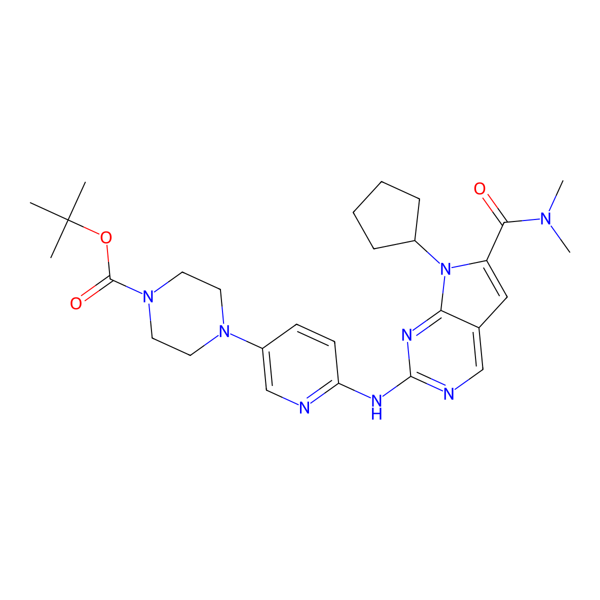 tert-Butyl 4-(6-((7-cyclopentyl-6-(dimethylcarbamoyl)-7H-pyrrolo(2,3-d)pyrimidin-2-yl)amino)pyridin-3-yl)piperazine-1-carboxylate molecular structure, CAS 1374639-78-7