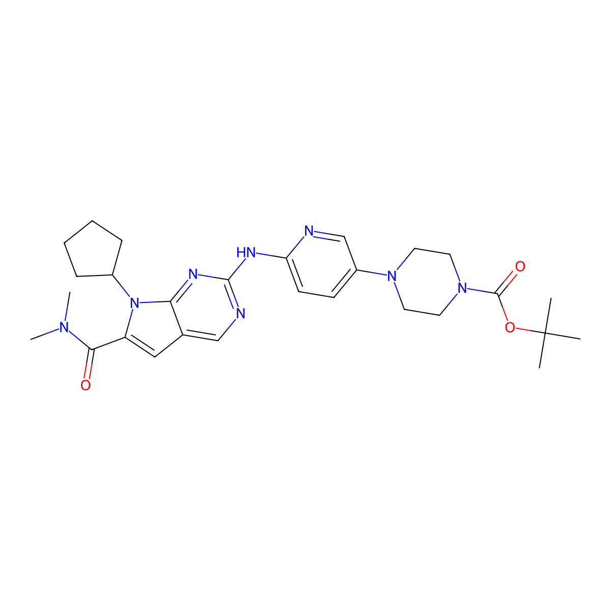 tert-Butyl 4-(6-((7-cyclopentyl-6-(dimethylcarbamoyl)-7H-pyrrolo(2,3-d)pyrimidin-2-yl)amino)pyridin-3-yl)piperazine-1-carboxylate molecular structure, CAS 1374639-78-7