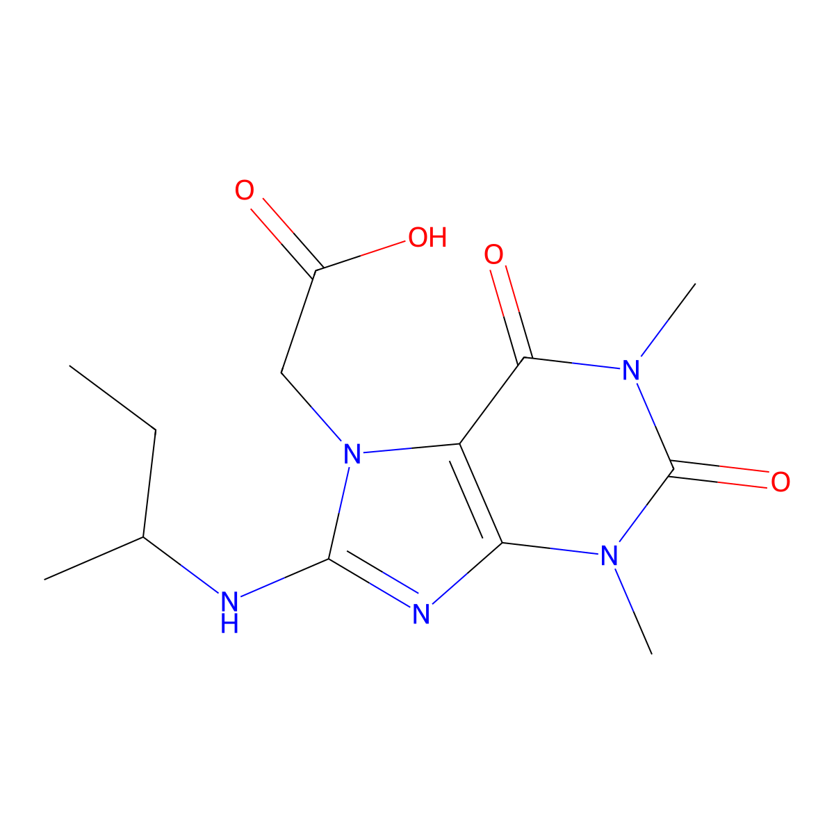 2-{8-[(butan-2-yl)amino]-1,3-dimethyl-2,6-dioxo-2,3,6,7-tetrahydro-1H-purin-7-yl}acetic acid molecular structure, CAS 1374681-37-4