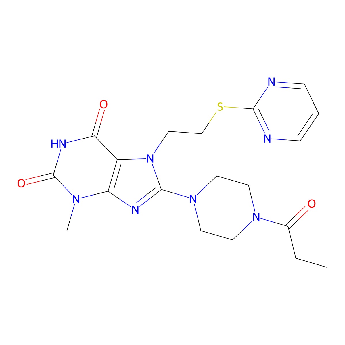 3-methyl-8-(4-propanoylpiperazin-1-yl)-7-[2-(pyrimidin-2-ylsulfanyl)ethyl]-2,3,6,7-tetrahydro-1H-purine-2,6-dione molecular structure, CAS 1374683-55-2