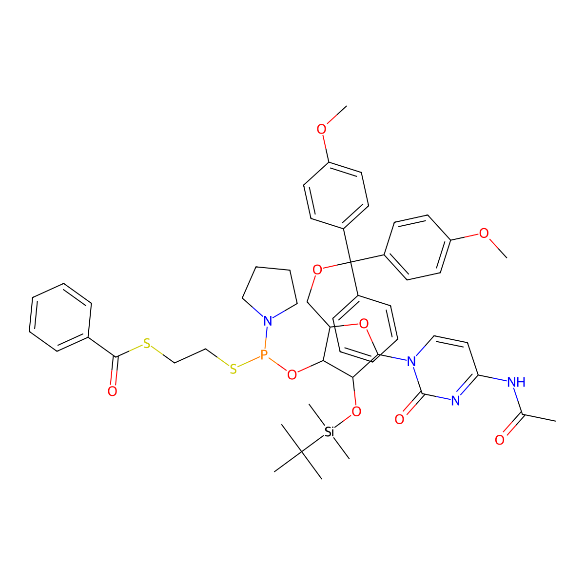 S-(2-(((((2R,3R,4R,5R)-5-(4-acetamido-2-oxopyrimidin-1(2H)-yl)-2-((bis(4-methoxyphenyl)(phenyl)methoxy)methyl)-4-((tert-butyldimethylsilyl)oxy)tetrahydrofuran-3-yl)oxy)(pyrrolidin-1-yl)phosphino)thio)ethyl) benzothioate molecular structure, CAS 1374755-66-4