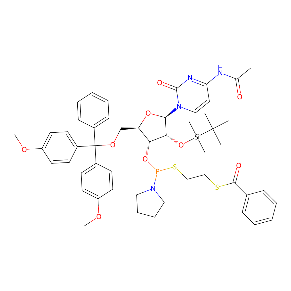 S-(2-(((((2R,3R,4R,5R)-5-(4-acetamido-2-oxopyrimidin-1(2H)-yl)-2-((bis(4-methoxyphenyl)(phenyl)methoxy)methyl)-4-((tert-butyldimethylsilyl)oxy)tetrahydrofuran-3-yl)oxy)(pyrrolidin-1-yl)phosphino)thio)ethyl) benzothioate molecular structure, CAS 1374755-66-4