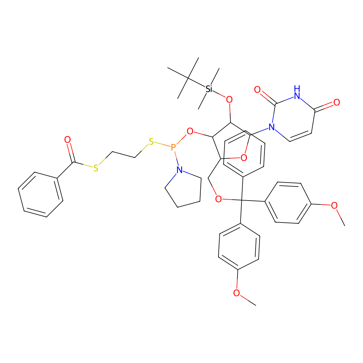 S-[2-[[(2R,3R,4R,5R)-2-[[bis(4-methoxyphenyl)-phenylmethoxy]methyl]-4-[tert-butyl(dimethyl)silyl]oxy-5-(2,4-dioxopyrimidin-1-yl)oxolan-3-yl]oxy-pyrrolidin-1-ylphosphanyl]sulfanylethyl] benzenecarbothioate molecular structure, CAS 1374755-68-6