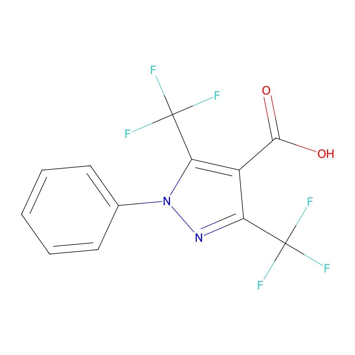 1-phenyl-3,5-bis(trifluoromethyl)-1H-pyrazole-4-carboxylic acid molecular structure, CAS 1375216-20-8