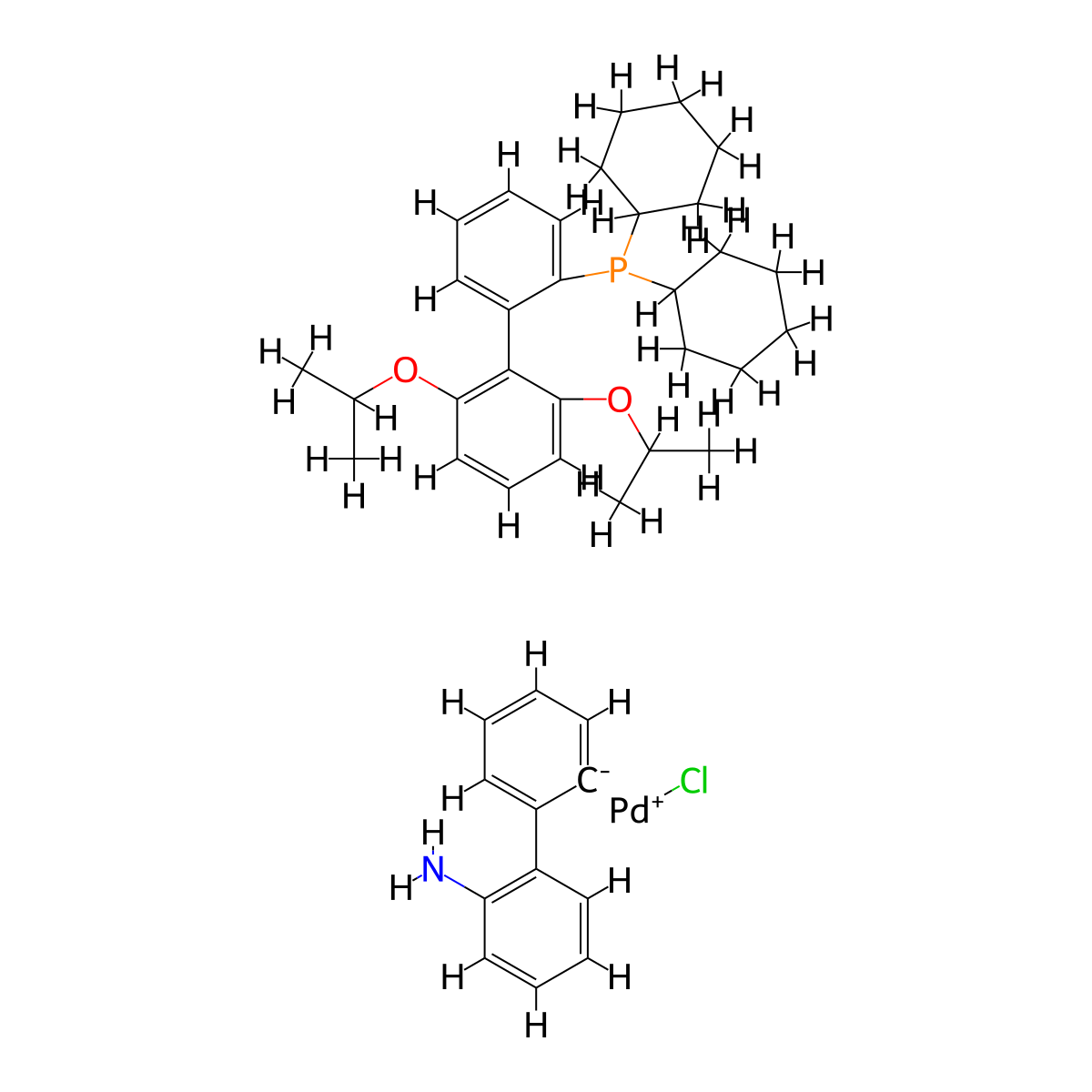 (2'-Amino-[1,1'-biphenyl]-2-yl)(dicyclohexyl(2',6'-diisopropoxy-[1,1'-biphenyl]-2-yl)phosphoranyl)palladium(III) chloride , RuPhos Pd G2 molecular structure, CAS 1375325-68-0