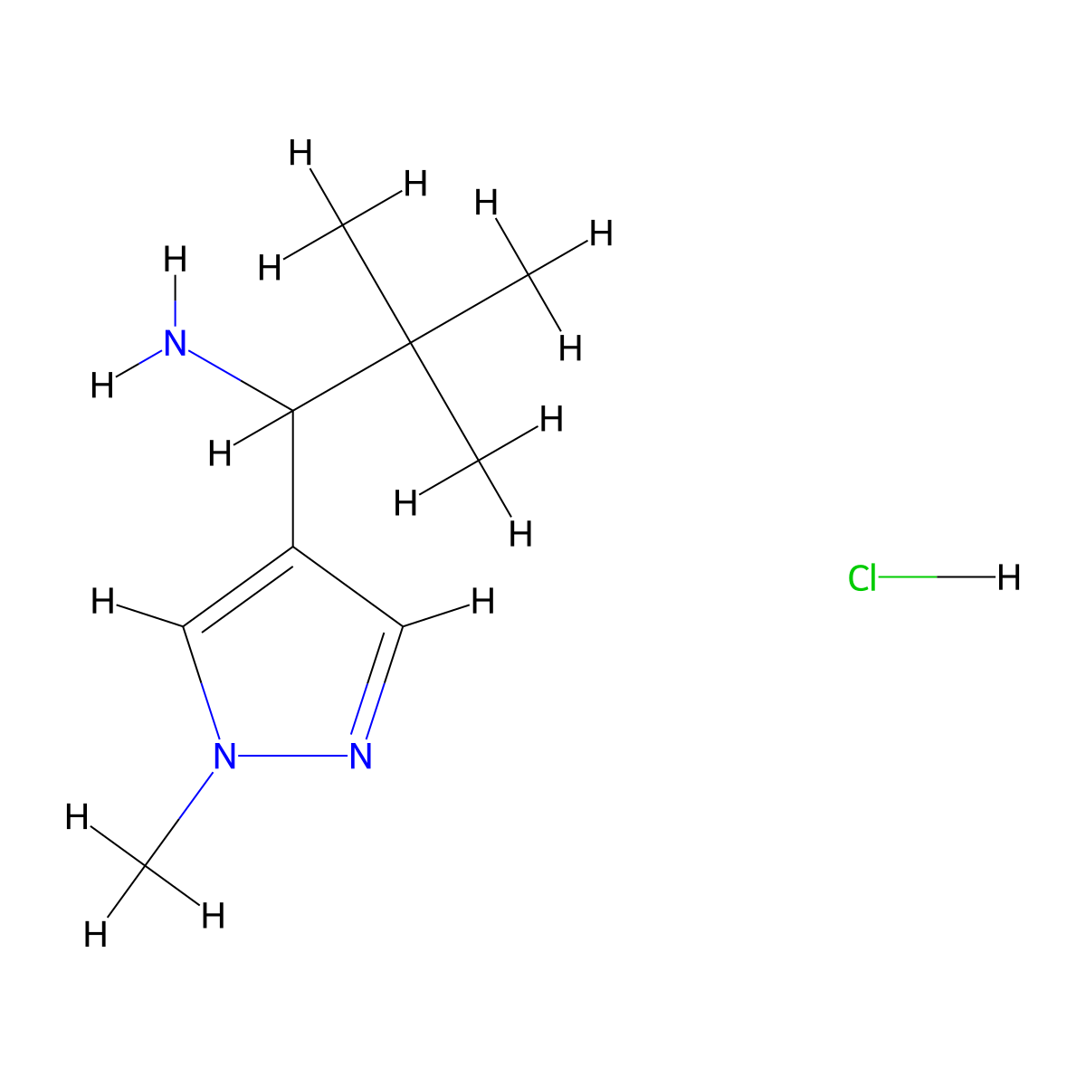 2,2-dimethyl-1-(1-methyl-1H-pyrazol-4-yl)propan-1-amine hydrochloride molecular structure, CAS 1375474-63-7