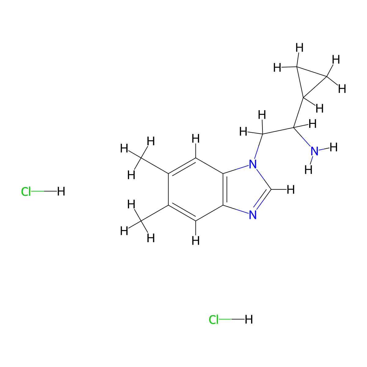 1-cyclopropyl-2-(5,6-dimethyl-1H-1,3-benzodiazol-1-yl)ethan-1-amine dihydrochloride molecular structure, CAS 1376332-64-7