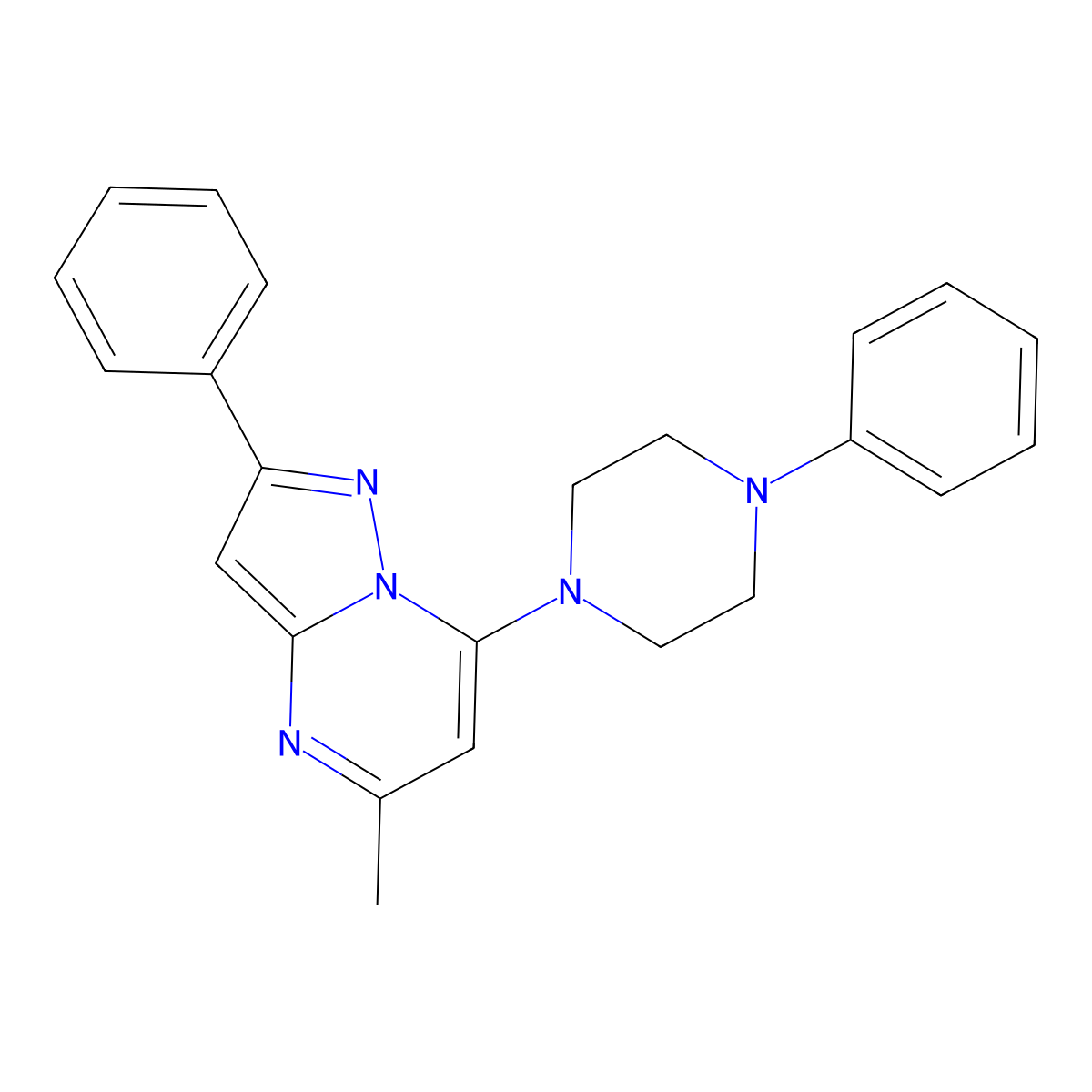 Pyrazolo[1,5-a]pyrimidine, 5-methyl-2-phenyl-7-(4-phenyl-1-piperazinyl)- molecular structure, CAS 137739-33-4