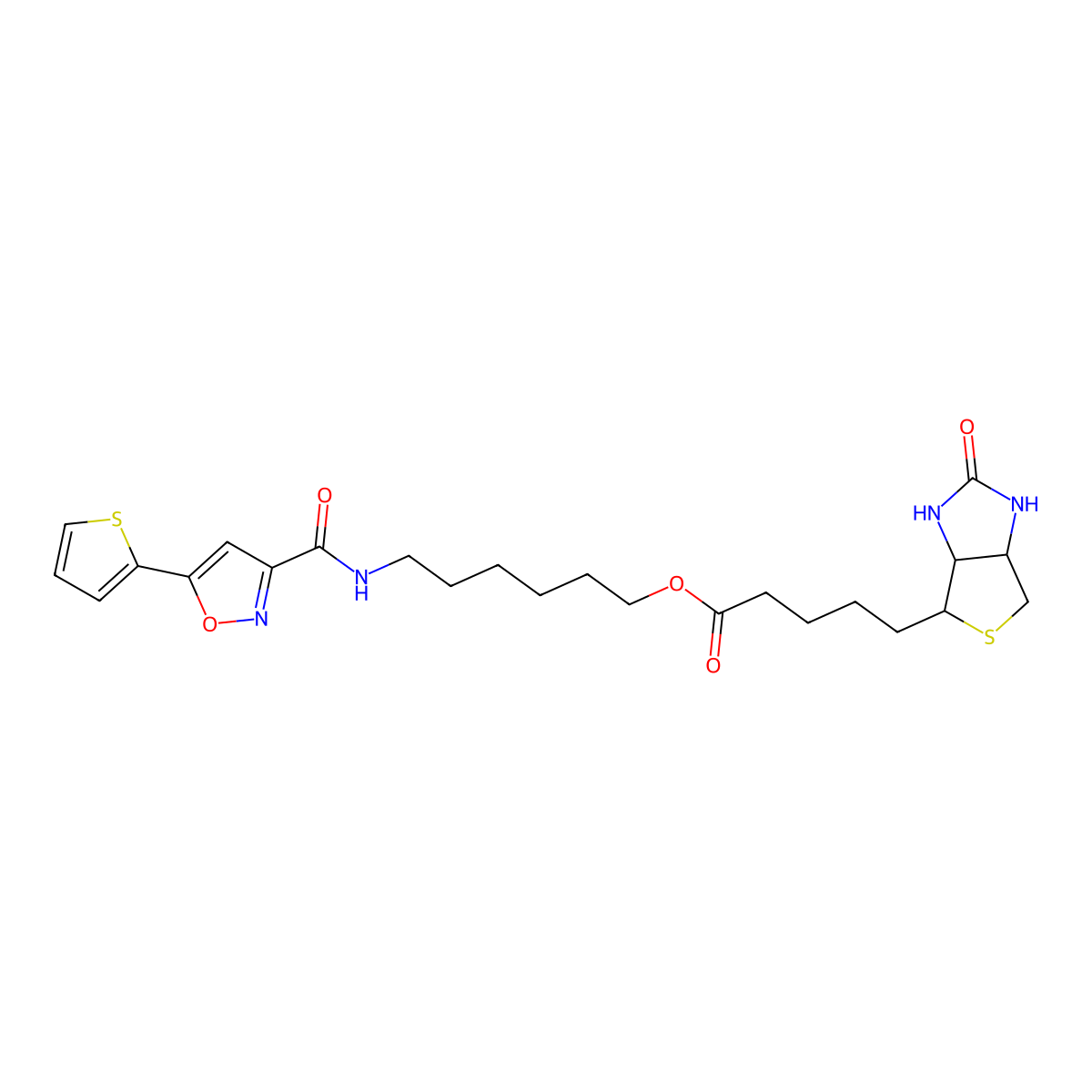6-(5-(Thiophen-2-yl)isoxazole-3-carboxamido)hexyl 5-((3aS,4S,6aR)-2-oxohexahydro-1H-thieno[3,4-d]imidazol-4-yl)pentanoate molecular structure, CAS 1377605-22-5