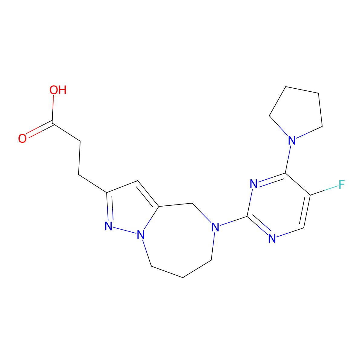 3-(5-(5-Fluoro-4-(pyrrolidin-1-yl)pyrimidin-2-yl)-5,6,7,8-tetrahydro-4H-pyrazolo[1,5-a][1,4]diazepin-2-yl)propanoic acid molecular structure, CAS 1377932-17-6