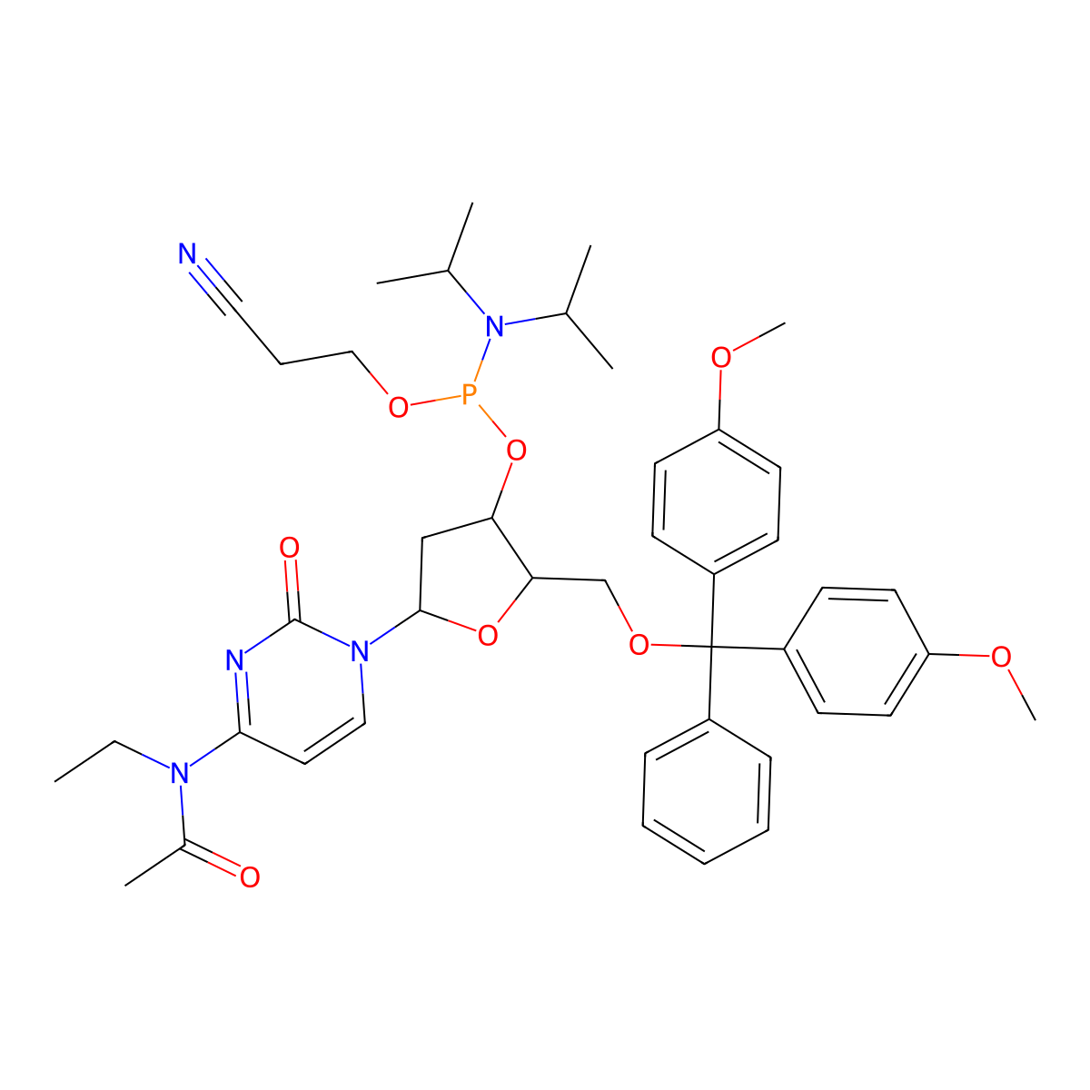 n-{1-[(2r,4s,5r)-5-{[Bis(4-methoxyphenyl)(phenyl)methoxy]methyl}-4-({[bis(propan-2-yl)amino](2-cyanoethoxy)phosphanyl}oxy)oxolan-2-yl]-2-oxo-1,2-dihydropyrimidin-4-yl}-n-ethylacetamide molecular structure, CAS 1377950-52-1