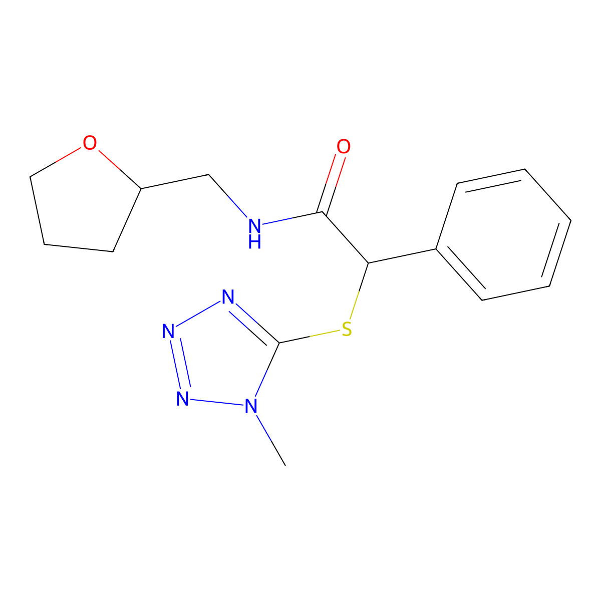 2-[(1-methyl-1H-tetrazol-5-yl)sulfanyl]-2-phenyl-N-(tetrahydrofuran-2-ylmethyl)acetamide molecular structure, CAS 1377950-89-4