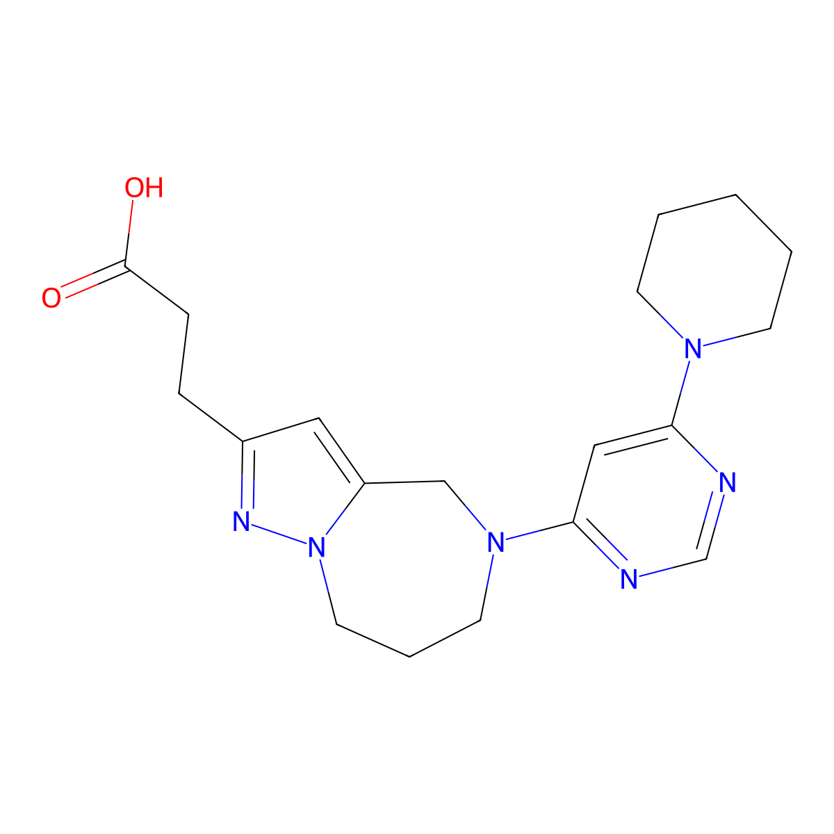 3-(5-(6-(Piperidin-1-yl)pyrimidin-4-yl)-5,6,7,8-tetrahydro-4H-pyrazolo[1,5-a][1,4]diazepin-2-yl)propanoic acid molecular structure, CAS 1378168-75-2