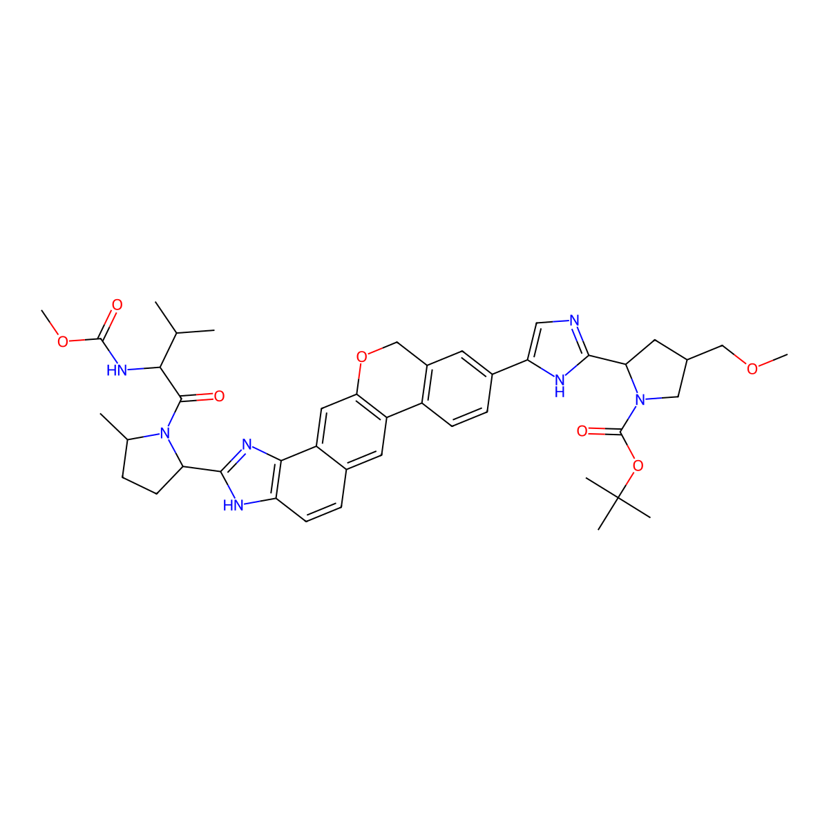 1-Pyrrolidinecarboxylic acid, 2-[5-[1,11-dihydro-2-[(2S,5S)-1-[(2S)-2-[(methoxycarbonyl)amino]-3-methyl-1-oxobutyl]-5-methyl-2-pyrrolidinyl][2]benzopyrano[4',3':6,7]naphth[1,2-d]imidazol-9-yl]-1H-imidazol-2-yl]-4-(methoxymethyl)-, 1,1-dimethylethyl ester, (2S,4S)- molecular structure, CAS 1378391-45-7