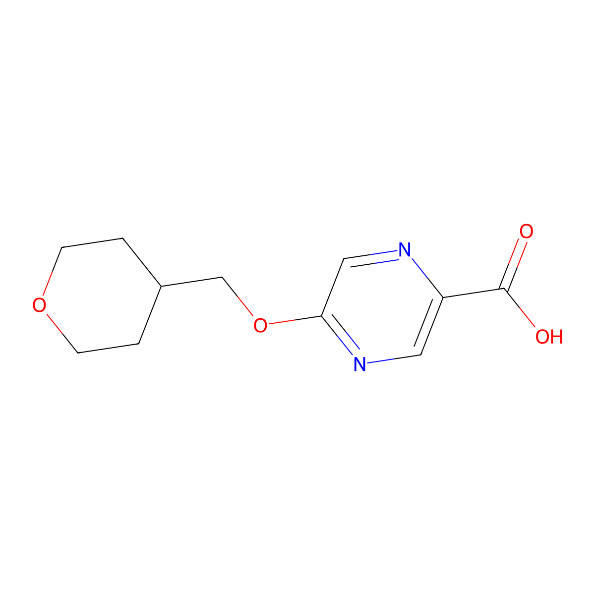 5-[(Tetrahydro-2H-pyran-4-yl)methoxy]pyrazine-2-carboxylic acid molecular structure, CAS 1378600-35-1