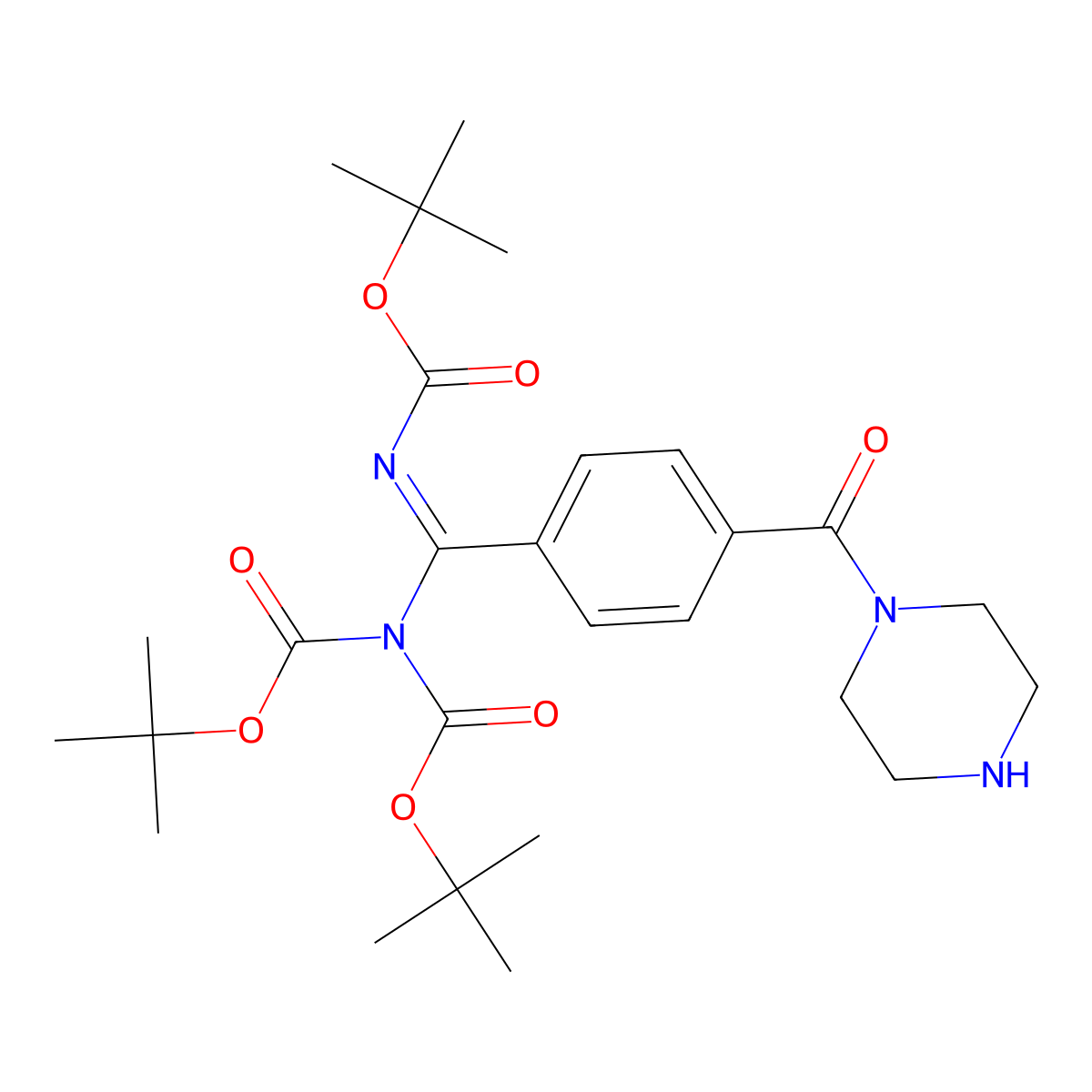 tert-Butyl (tert-butoxycarbonyl)(((tert-butoxycarbonyl)imino)(4-(piperazine-1-carbonyl)phenyl)methyl)carbamate molecular structure, CAS 1379574-12-5
