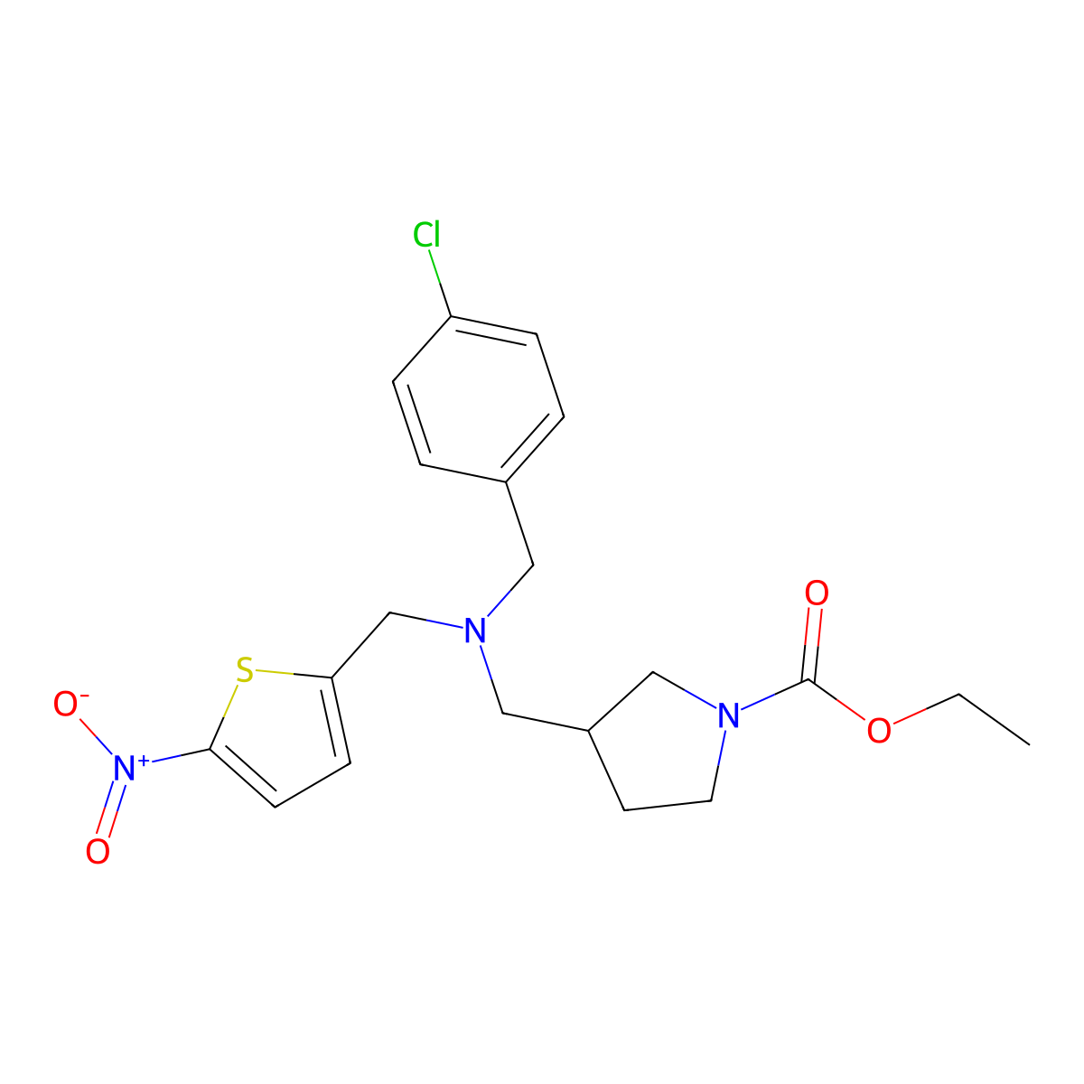 Ethyl 3-((((4-chlorophenyl)methyl)((5-nitro-2-thienyl)methyl)amino)methyl)-1-pyrrolidinecarboxylate molecular structure, CAS 1379686-30-2