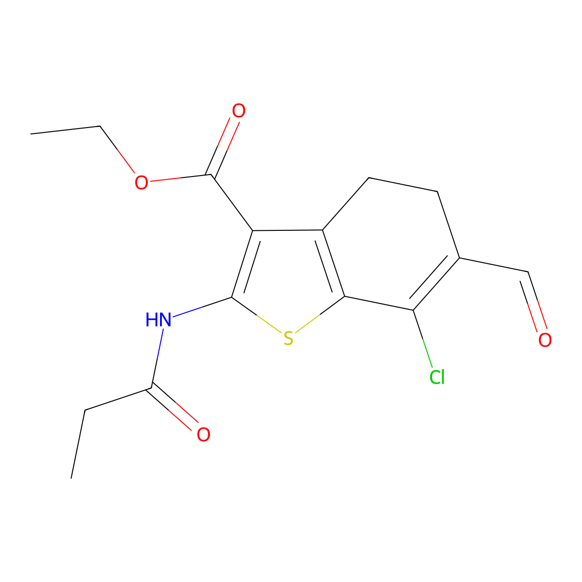 Ethyl 7-chloro-6-formyl-2-(propanoylamino)-4,5-dihydro-1-benzothiophene-3-carboxylate molecular structure, CAS 137987-67-8