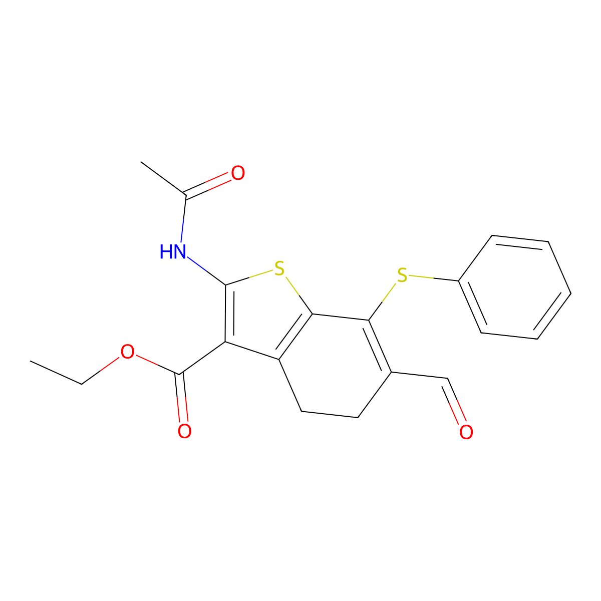 Ethyl 2-(acetylamino)-6-formyl-7-(phenylsulfanyl)-4,5-dihydro-1-benzothiophene-3-carboxylate molecular structure, CAS 137987-69-0