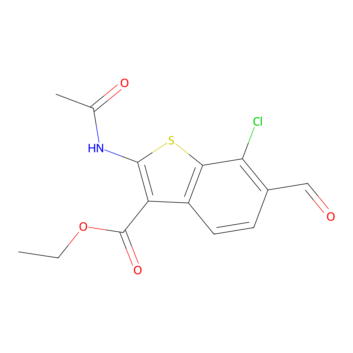 Ethyl 2-(acetylamino)-7-chloro-6-formyl-1-benzothiophene-3-carboxylate molecular structure, CAS 137987-74-7