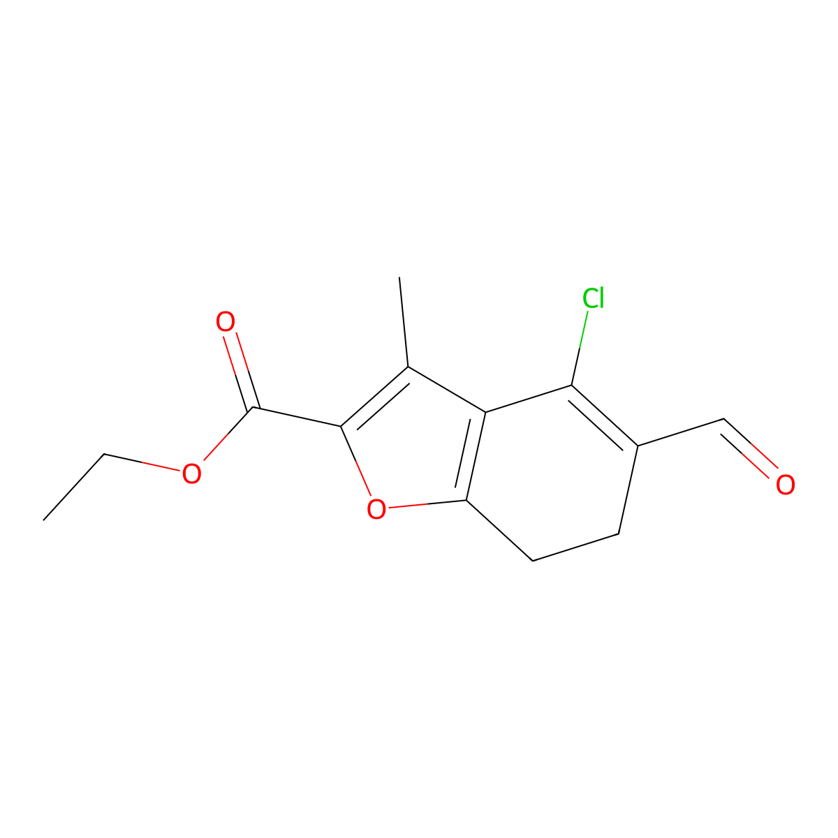 Ethyl 4-chloro-5-formyl-3-methyl-6,7-dihydro-1-benzofuran-2-carboxylate molecular structure, CAS 137987-76-9