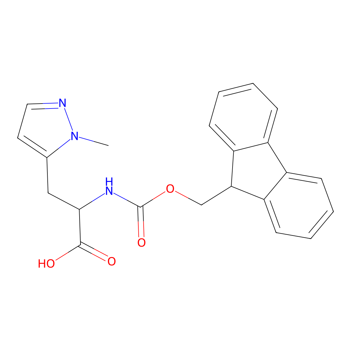 2-({[(9H-fluoren-9-yl)methoxy]carbonyl}amino)-3-(1-methyl-1H-pyrazol-5-yl)propanoic acid molecular structure, CAS 1379871-60-9