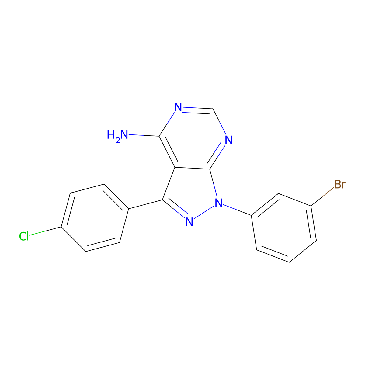 1-(3-Bromo-phenyl)-3-(4-chloro-phenyl)-1H-pyrazolo[3,4-d]pyrimidin-4-amine molecular structure, CAS 1380088-13-0