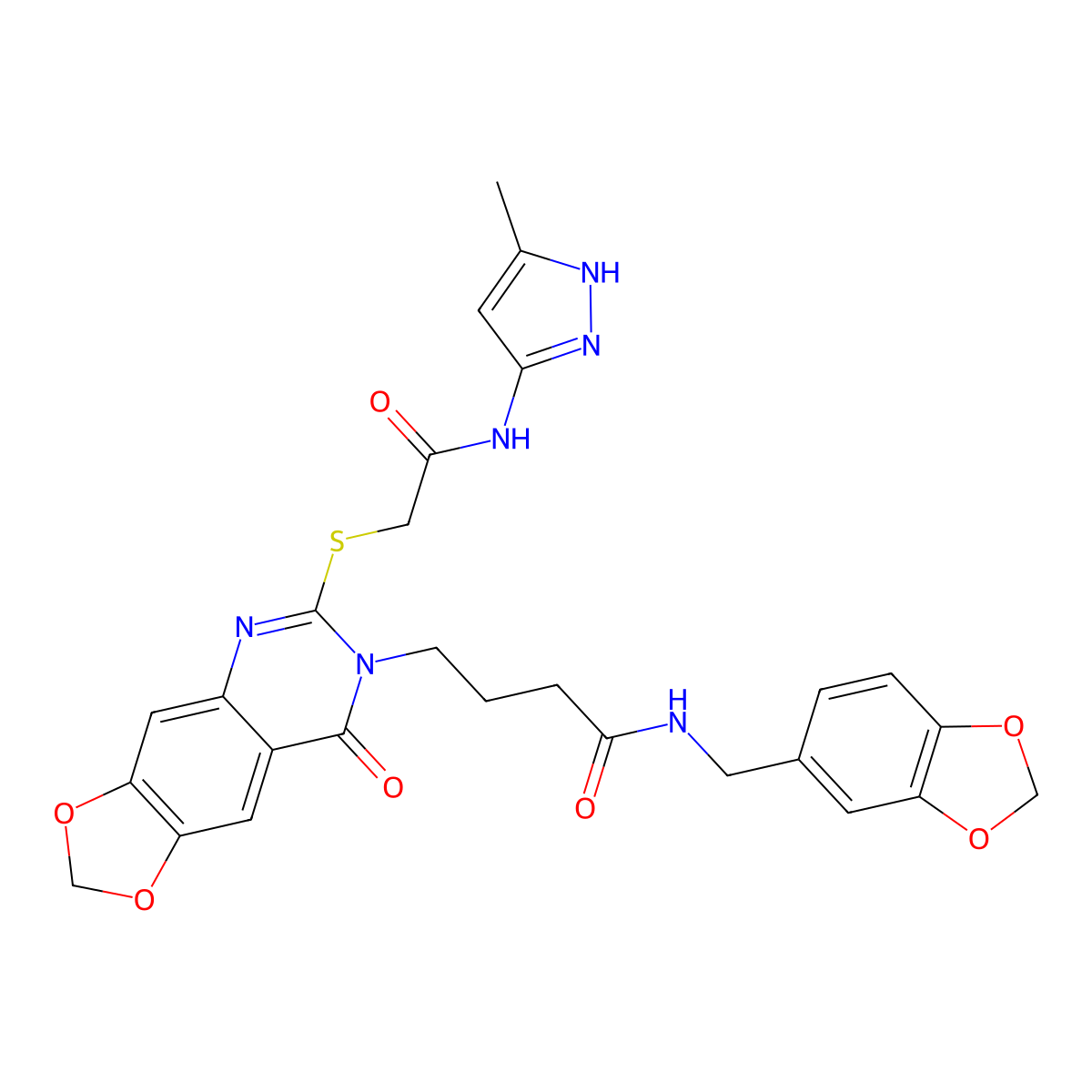 N-(1,3-benzodioxol-5-ylmethyl)-4-[6-[2-[(5-methyl-1H-pyrazol-3-yl)amino]-2-oxoethyl]sulfanyl-8-oxo-[1,3]dioxolo[4,5-g]quinazolin-7-yl]butanamide molecular structure, CAS 1380234-82-1