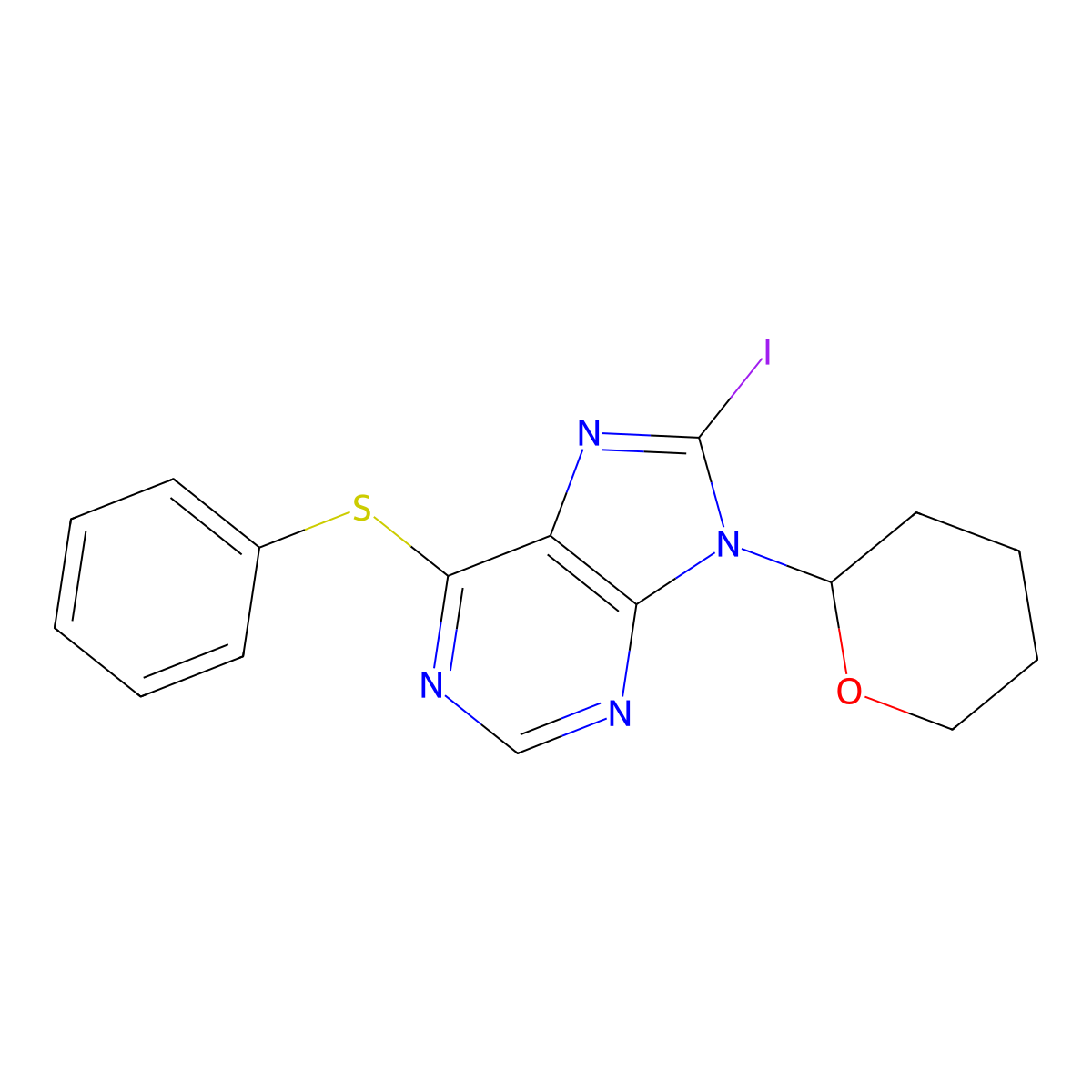 8-iodo-6-(phenylthio)-9-(tetrahydro-2H-pyran-2-yl)-9H-purine molecular structure, CAS 1380333-86-7