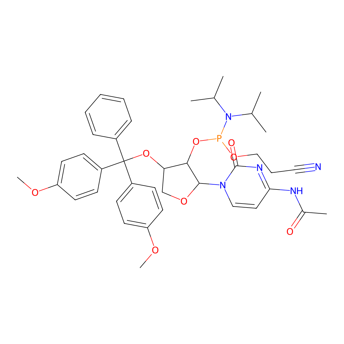 N-{1-[(2R,3R,4S)-4-[bis(4-methoxyphenyl)(phenyl)methoxy]-3-({[bis(propan-2-yl)amino](2-cyanoethoxy)phosphanyl}oxy)oxolan-2-yl]-2-oxo-1,2-dihydropyrimidin-4-yl}acetamide molecular structure, CAS 1380443-89-9
