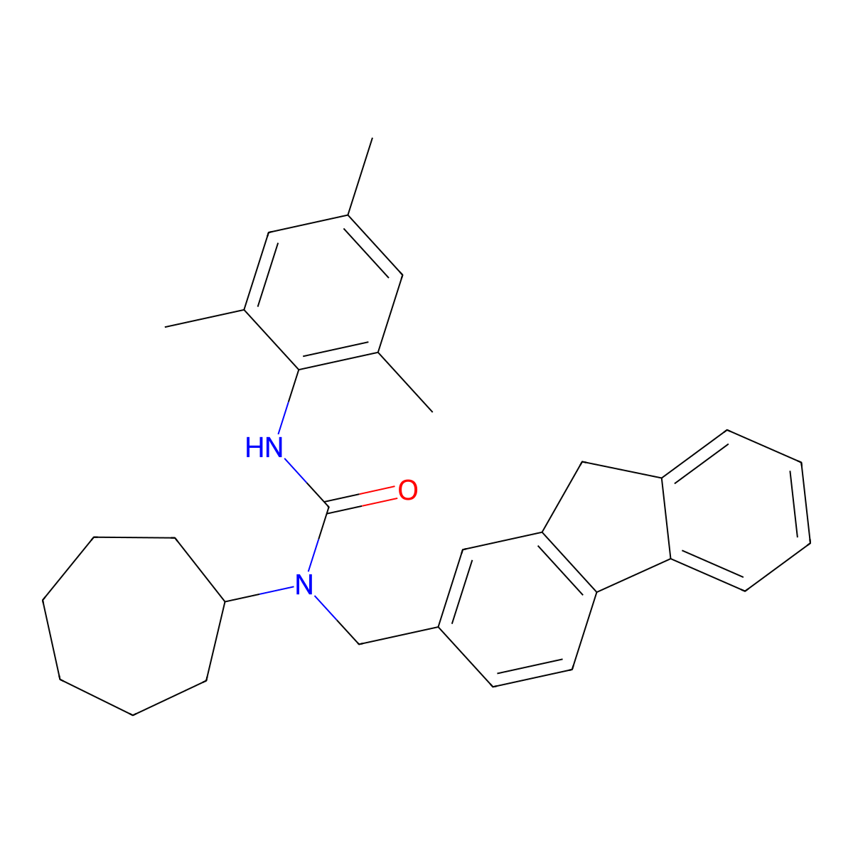 1-cycloheptyl-1-(9H-fluoren-2-ylmethyl)-3-(2,4,6-trimethylphenyl)urea molecular structure, CAS 138046-43-2