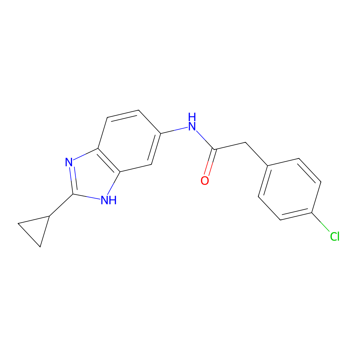 2-(4-chlorophenyl)-N-(2-cyclopropyl-1H-benzimidazol-5-yl)acetamide molecular structure, CAS 1380578-44-8