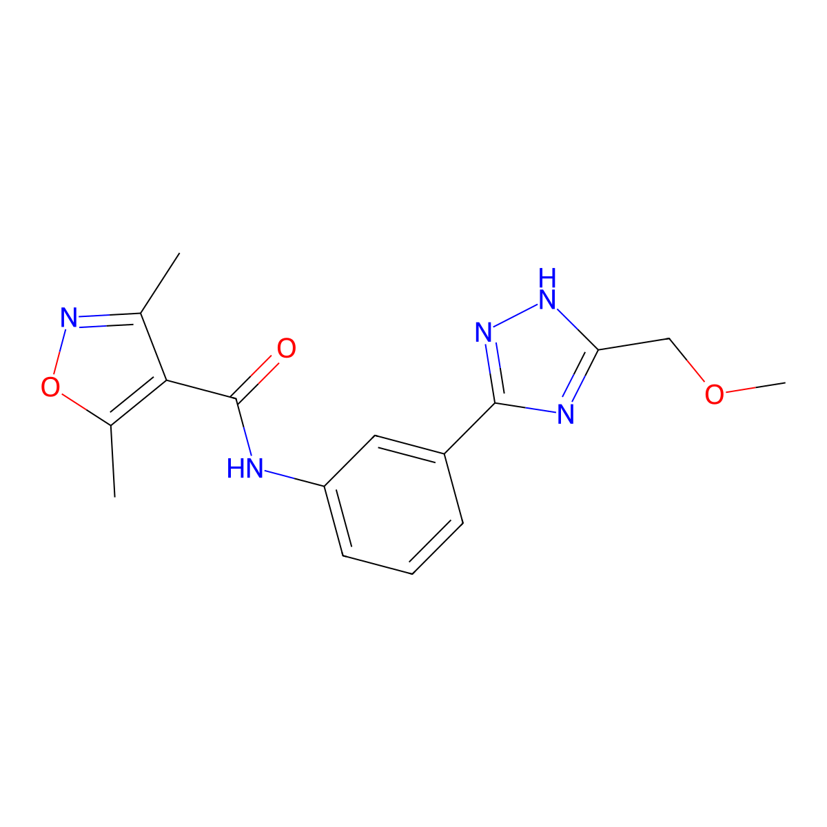 N-{3-[3-(methoxymethyl)-1H-1,2,4-triazol-5-yl]phenyl}-3,5-dimethyl-4-isoxazolecarboxamide molecular structure, CAS 1380578-59-5