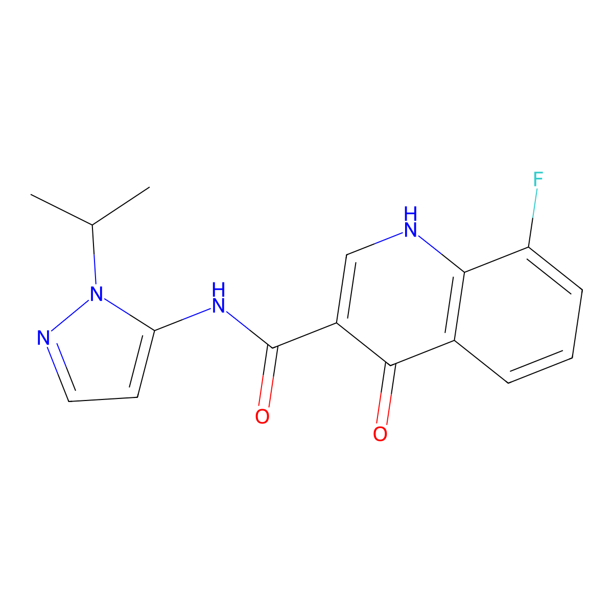 8-fluoro-4-oxo-N-[1-(propan-2-yl)-1H-pyrazol-5-yl]-1,4-dihydroquinoline-3-carboxamide molecular structure, CAS 1380579-35-0