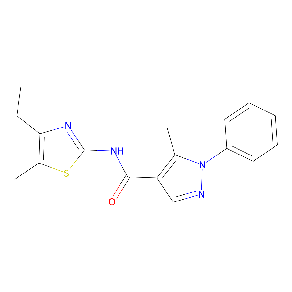 N-(4-ethyl-5-methyl-1,3-thiazol-2-yl)-5-methyl-1-phenyl-1H-pyrazole-4-carboxamide molecular structure, CAS 1380585-26-1