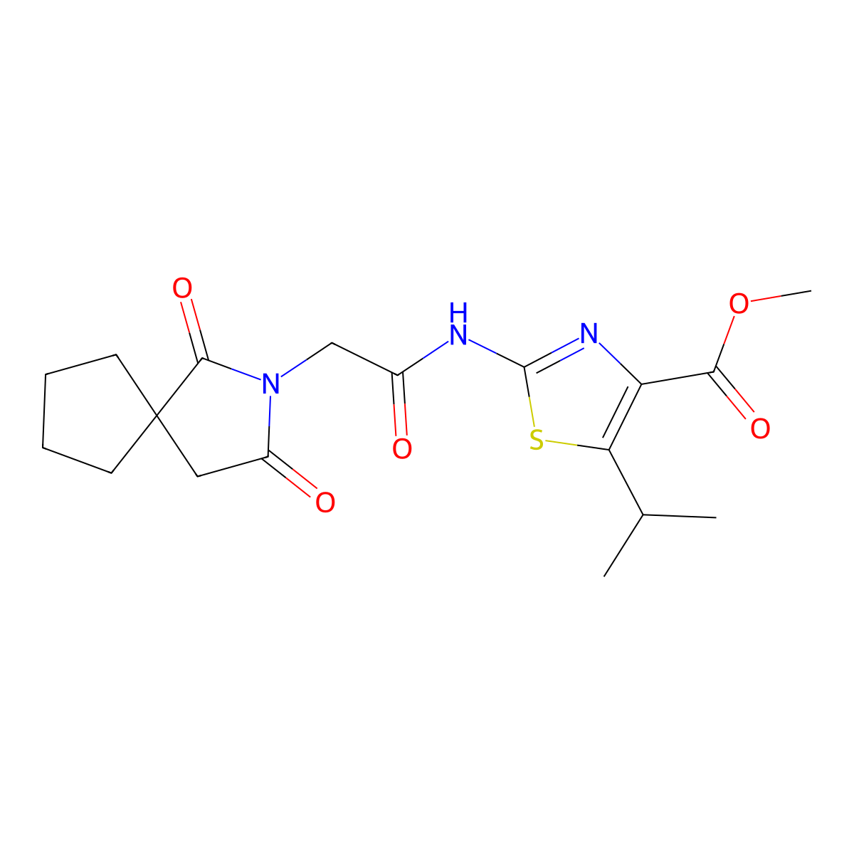 Methyl 2-{[(1,3-dioxo-2-azaspiro[4.4]non-2-yl)acetyl]amino}-5-(propan-2-yl)-1,3-thiazole-4-carboxylate molecular structure, CAS 1380585-32-9