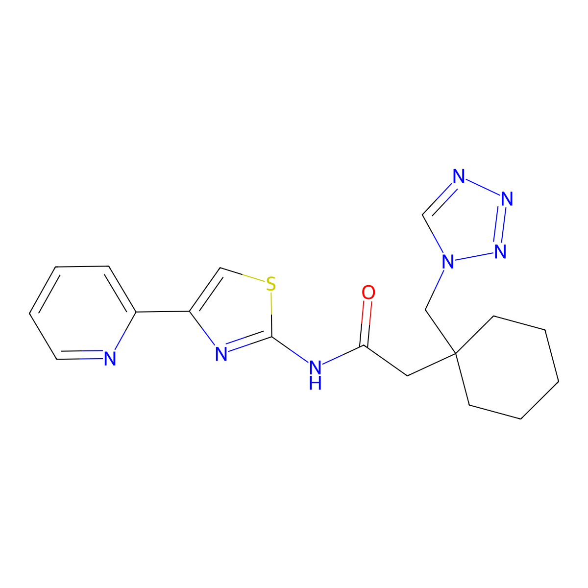 N-[4-(pyridin-2-yl)-1,3-thiazol-2-yl]-2-[1-(1H-tetrazol-1-ylmethyl)cyclohexyl]acetamide molecular structure, CAS 1380585-33-0