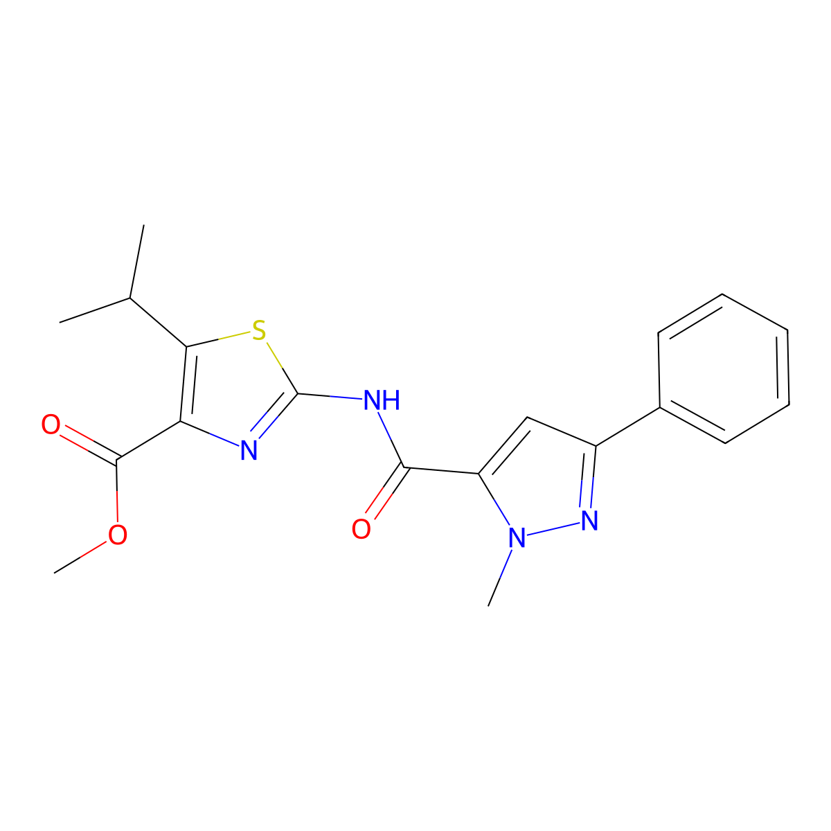 methyl 2-{[(1-methyl-3-phenyl-1H-pyrazol-5-yl)carbonyl]amino}-5-(propan-2-yl)-1,3-thiazole-4-carboxylate molecular structure, CAS 1380585-42-1