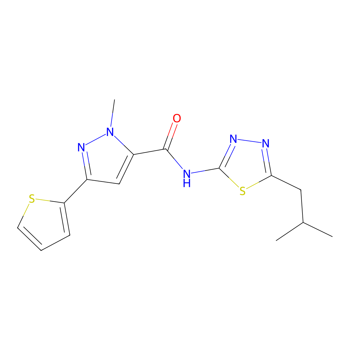 1-methyl-N-[5-(2-methylpropyl)-1,3,4-thiadiazol-2-yl]-3-(thiophen-2-yl)-1H-pyrazole-5-carboxamide molecular structure, CAS 1380585-46-5