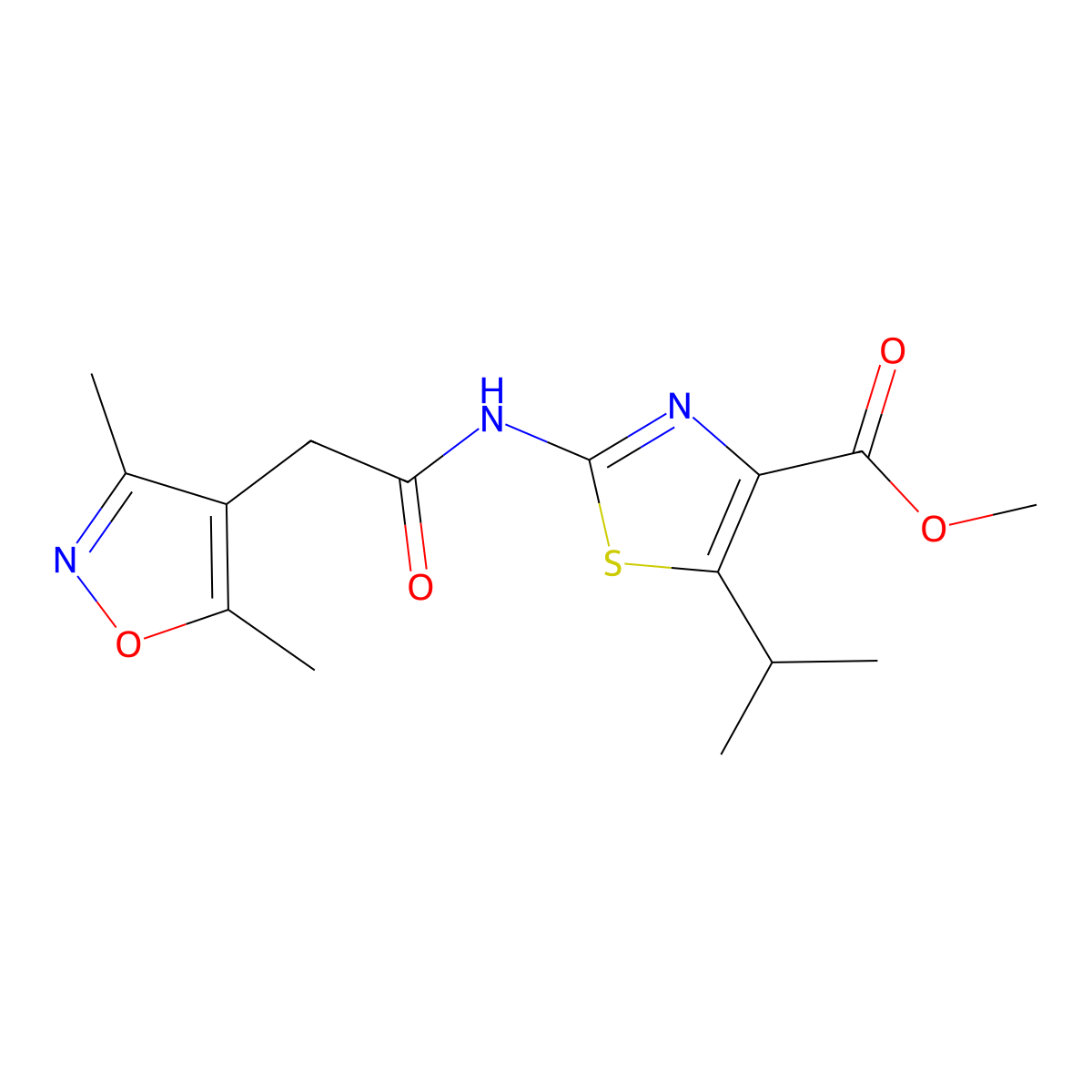 Methyl 2-{[(3,5-dimethyl-1,2-oxazol-4-yl)acetyl]amino}-5-(propan-2-yl)-1,3-thiazole-4-carboxylate molecular structure, CAS 1380585-54-5
